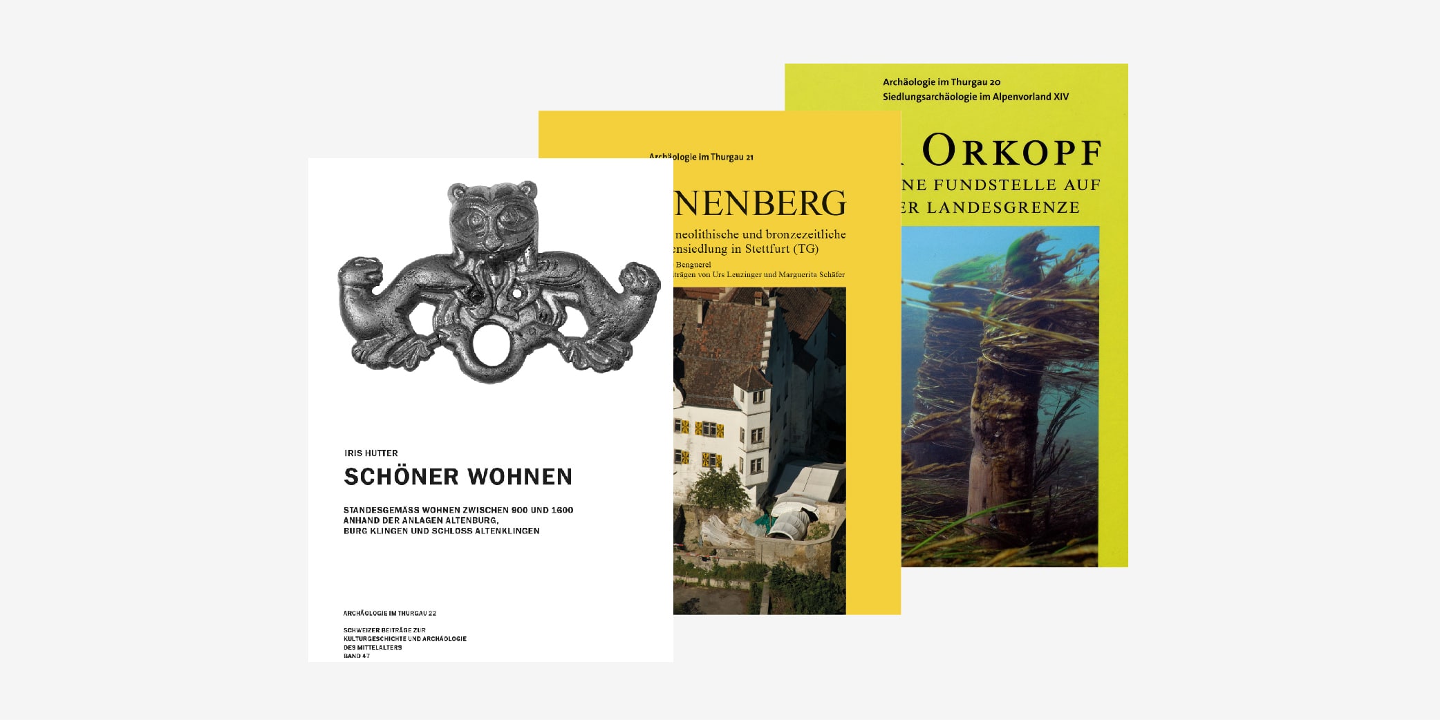 Übereinander gelegt die letzten drei Publikationen der Reihe Archäologie im Thurgau 