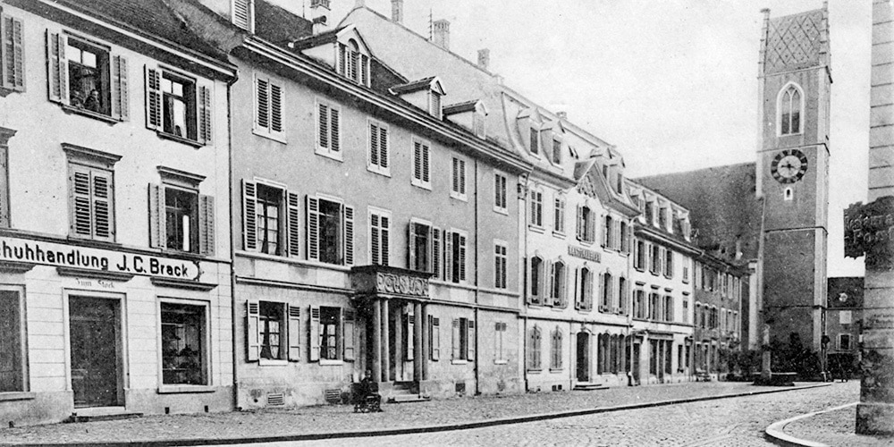 Postkarte im Bestand des Naturmuseum Thurgau, datiert 1902 Freie Strasse mit heutigem Museum für Archäologie und Naturmuseum
