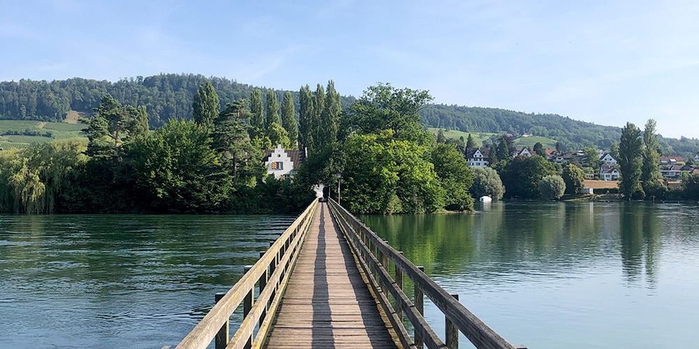 Blick auf die sehr grüne Insel Werd mit dem Steg, der über den Rhein führt.